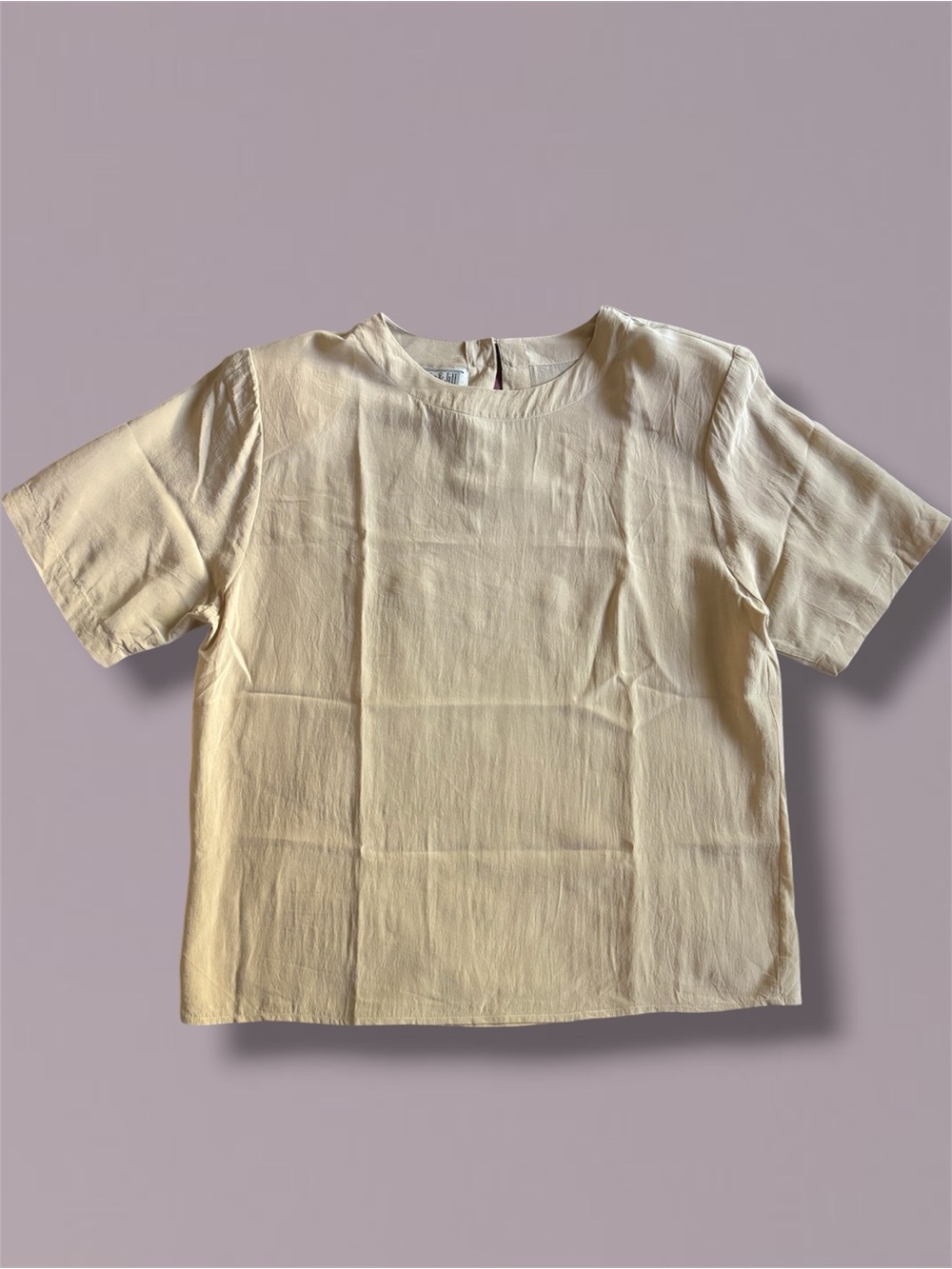 Vintage Christie & Jill 100% Silk Blouse M Beige Shoulder Pads Retro Minimalist